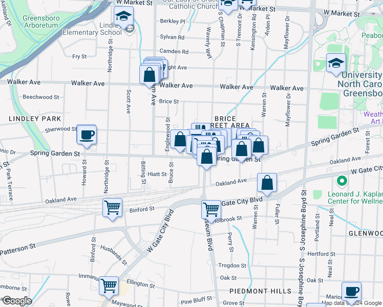 map of restaurants, bars, coffee shops, grocery stores, and more near 1942 Spring Garden Street in Greensboro