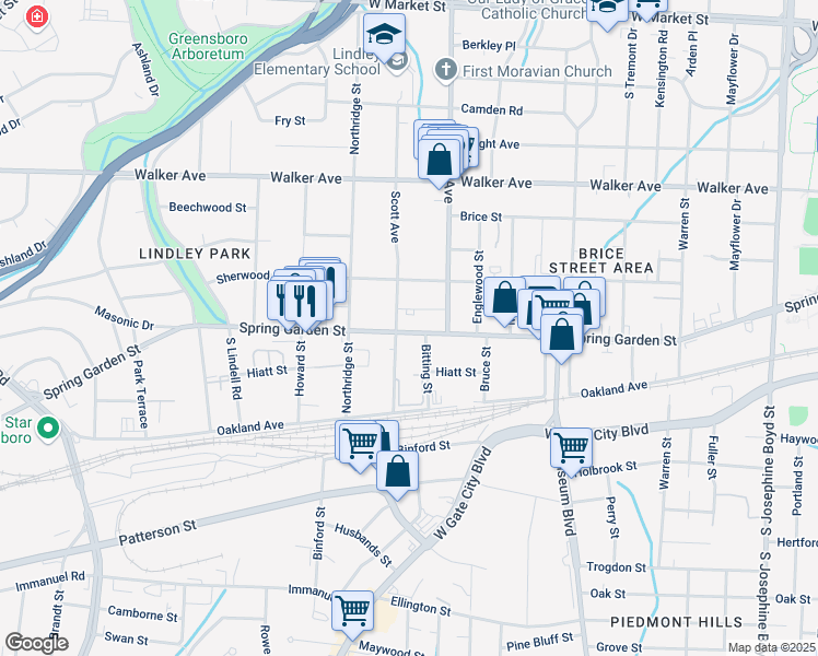 map of restaurants, bars, coffee shops, grocery stores, and more near 2224 Spring Garden Street in Greensboro
