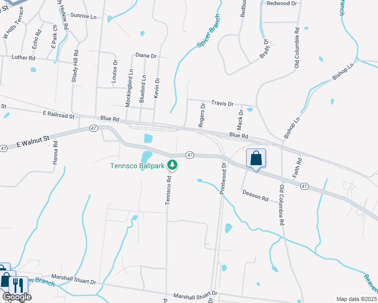 map of restaurants, bars, coffee shops, grocery stores, and more near 1517 Tennessee 47 in Dickson