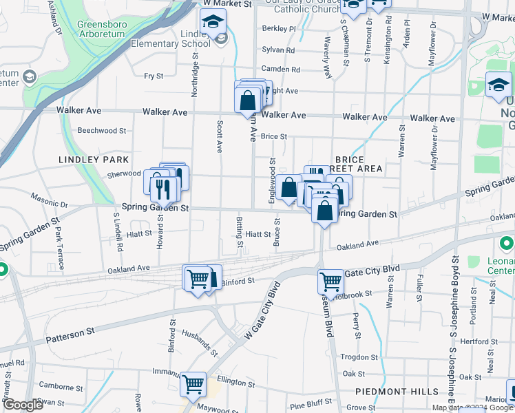 map of restaurants, bars, coffee shops, grocery stores, and more near 2108 Spring Garden Street in Greensboro