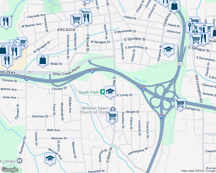map of restaurants, bars, coffee shops, grocery stores, and more near 2612 Atlantic Street in Winston-Salem