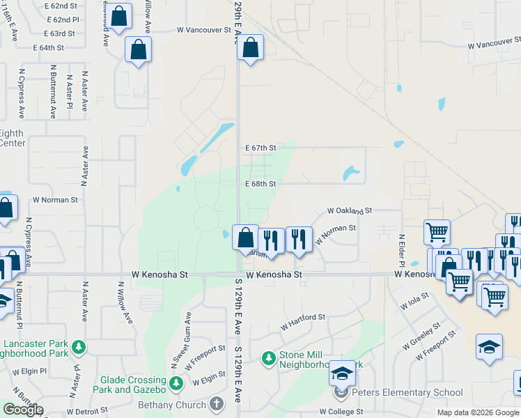 map of restaurants, bars, coffee shops, grocery stores, and more near 3408 West Oakland Street in Broken Arrow