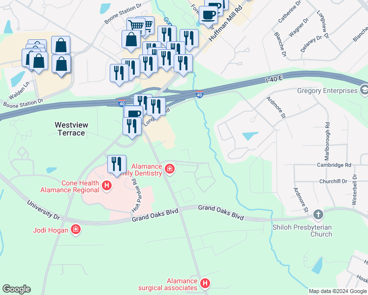 map of restaurants, bars, coffee shops, grocery stores, and more near 2949 Crouse Lane in Burlington