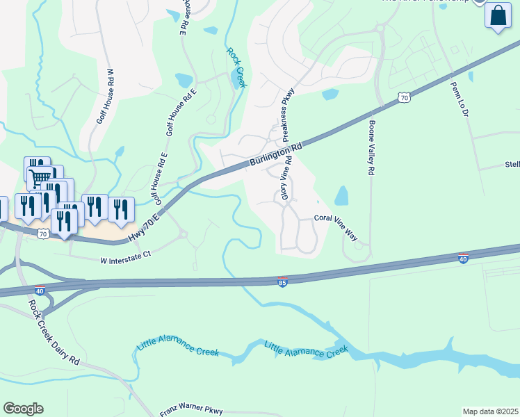 map of restaurants, bars, coffee shops, grocery stores, and more near 6312 Hibiscus Court in Whitsett