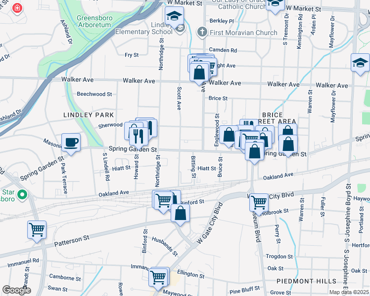 map of restaurants, bars, coffee shops, grocery stores, and more near 2224 Spring Garden Street in Greensboro