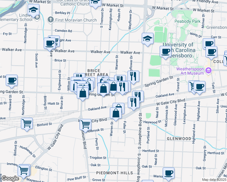 map of restaurants, bars, coffee shops, grocery stores, and more near 720 Warren Street in Greensboro