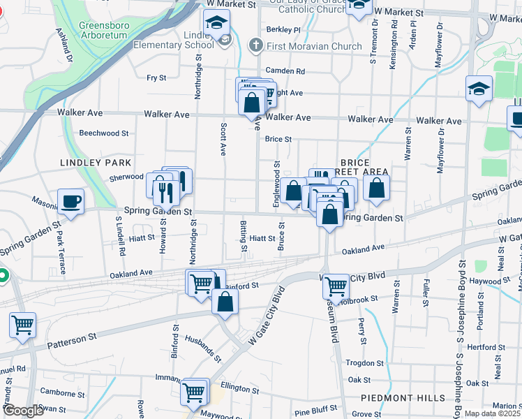 map of restaurants, bars, coffee shops, grocery stores, and more near 2110 Spring Garden Street in Greensboro