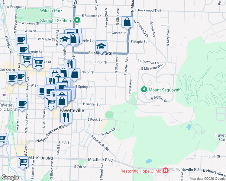 map of restaurants, bars, coffee shops, grocery stores, and more near 423 East Spring Street in Fayetteville