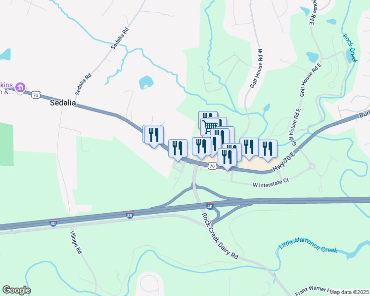 map of restaurants, bars, coffee shops, grocery stores, and more near Bethel Church Road in Gibsonville