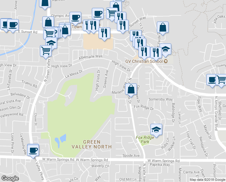 map of restaurants, bars, coffee shops, grocery stores, and more near 2432 Marlene Way in Henderson