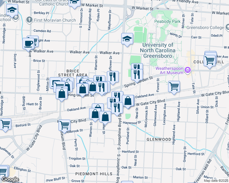 map of restaurants, bars, coffee shops, grocery stores, and more near in Greensboro