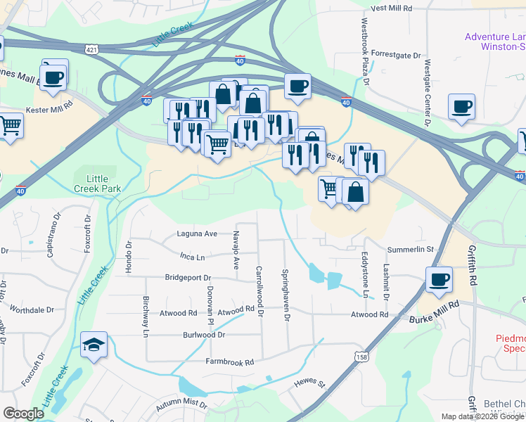 map of restaurants, bars, coffee shops, grocery stores, and more near 2835 Carrollwood Drive in Winston-Salem