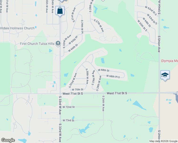 map of restaurants, bars, coffee shops, grocery stores, and more near 6804 South 29th West Avenue in Tulsa