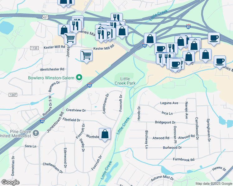 map of restaurants, bars, coffee shops, grocery stores, and more near 221 Capistrano Drive in Winston-Salem