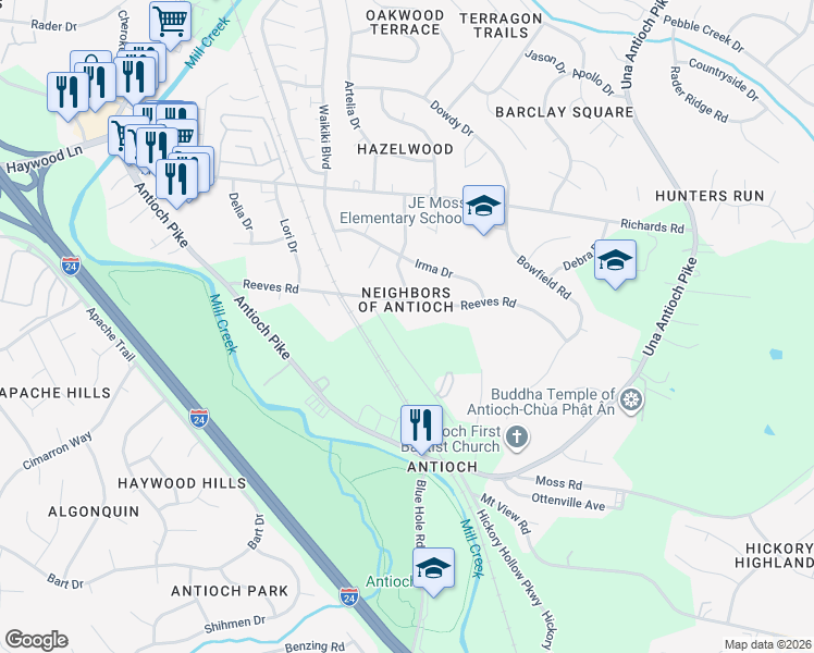 map of restaurants, bars, coffee shops, grocery stores, and more near 4810 Payne Road in Nashville