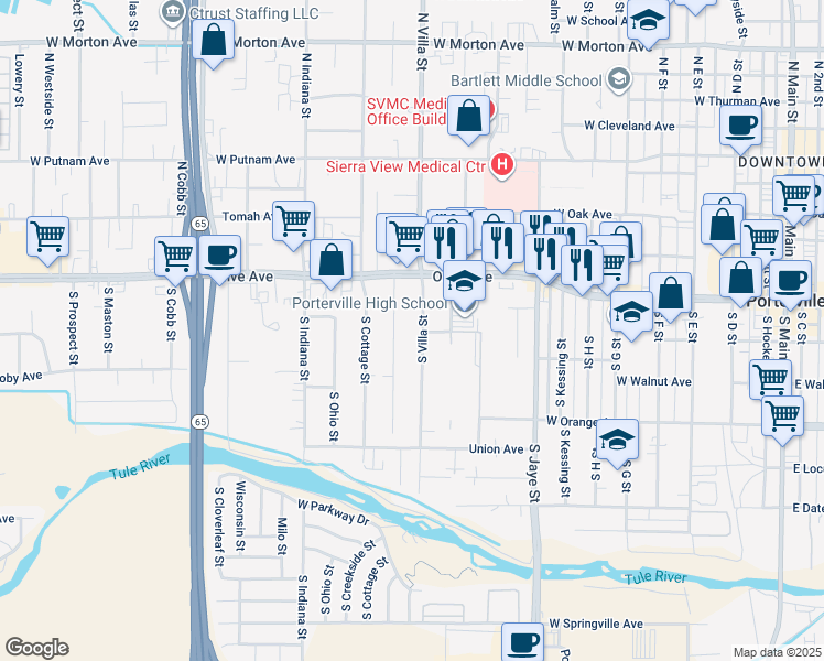 map of restaurants, bars, coffee shops, grocery stores, and more near 77-87 South Villa Street in Porterville