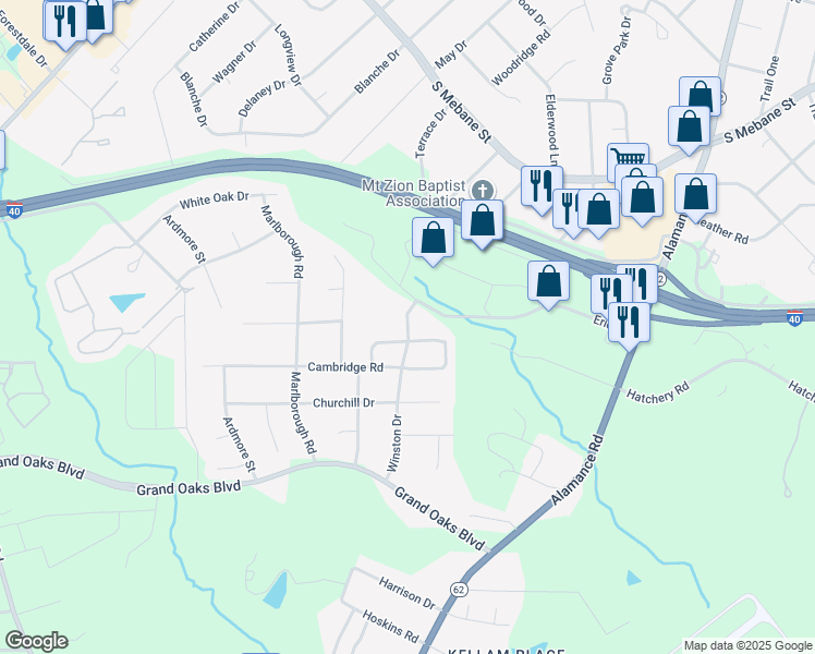 map of restaurants, bars, coffee shops, grocery stores, and more near 3015 Winston Drive in Burlington