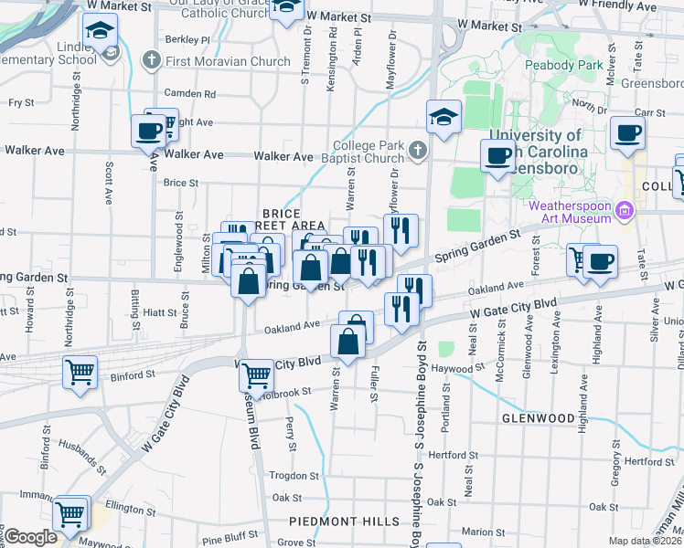 map of restaurants, bars, coffee shops, grocery stores, and more near 714 Warren Street in Greensboro