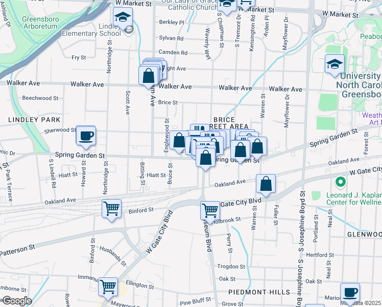 map of restaurants, bars, coffee shops, grocery stores, and more near 815 Milton Street in Greensboro