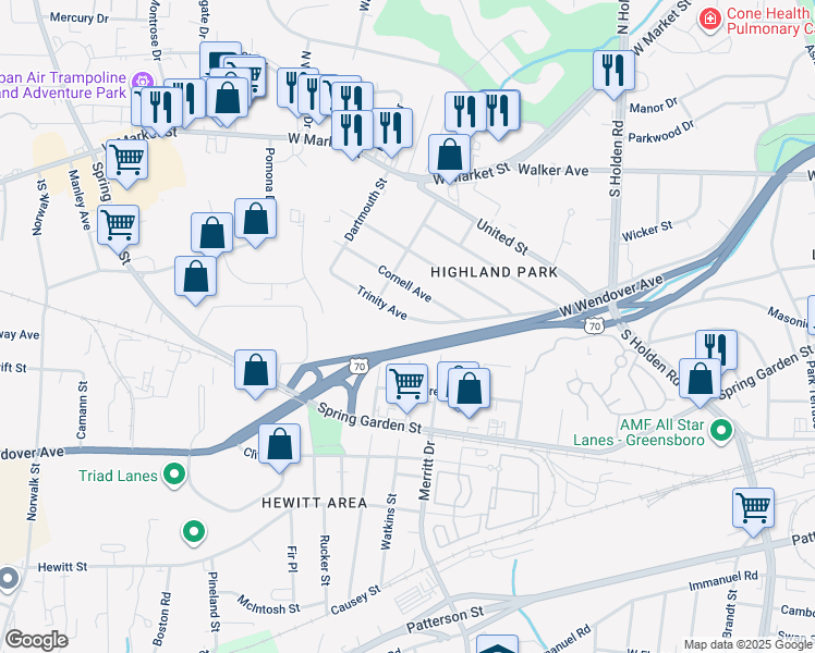 map of restaurants, bars, coffee shops, grocery stores, and more near 4312 Trinity Avenue in Greensboro