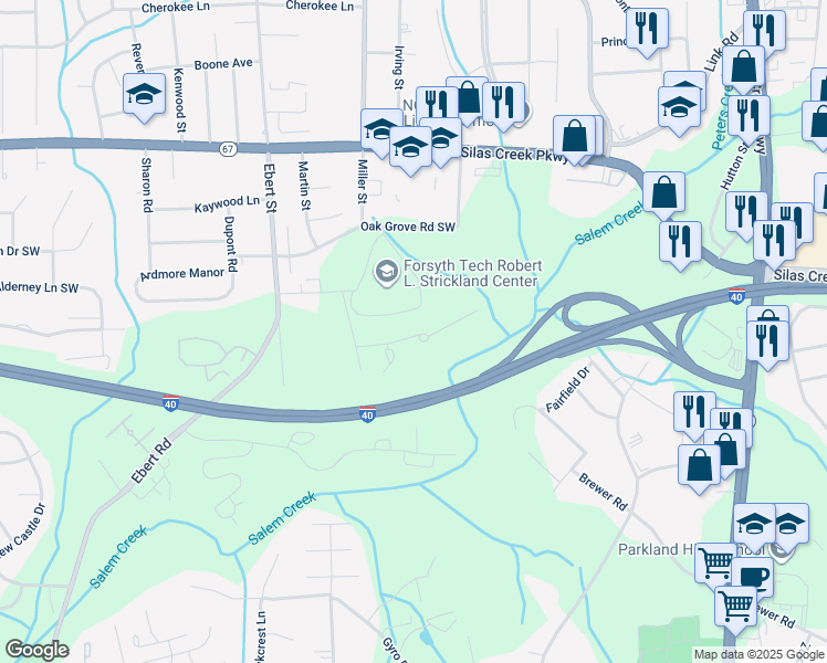 map of restaurants, bars, coffee shops, grocery stores, and more near Brentwood Court in Winston-Salem