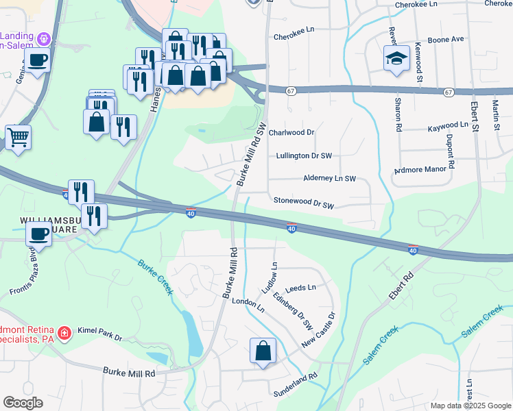 map of restaurants, bars, coffee shops, grocery stores, and more near 2015 Stonewood Drive Southwest in Winston-Salem