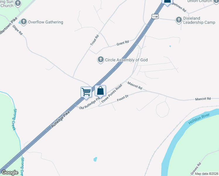 map of restaurants, bars, coffee shops, grocery stores, and more near 8521 Old Rutledge Pike in Knoxville