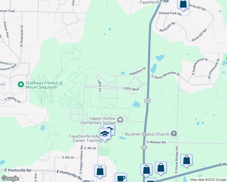 map of restaurants, bars, coffee shops, grocery stores, and more near 1962 Cliffs Boulevard in Fayetteville