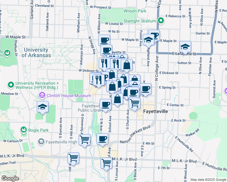 map of restaurants, bars, coffee shops, grocery stores, and more near 313 West Spring Street in Fayetteville