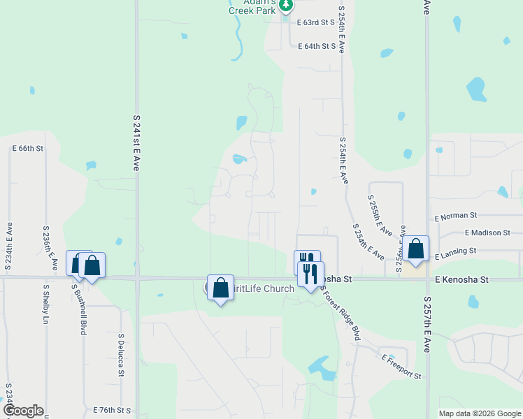 map of restaurants, bars, coffee shops, grocery stores, and more near South 249th East Avenue in Broken Arrow