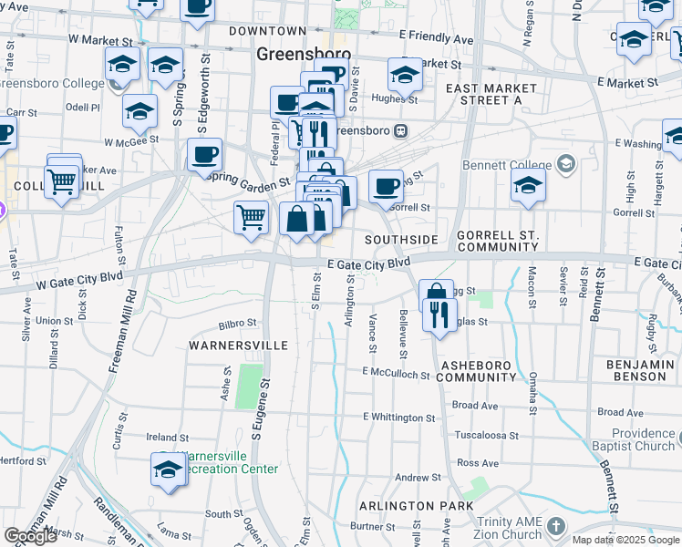 map of restaurants, bars, coffee shops, grocery stores, and more near 124 East Gate City Boulevard in Greensboro