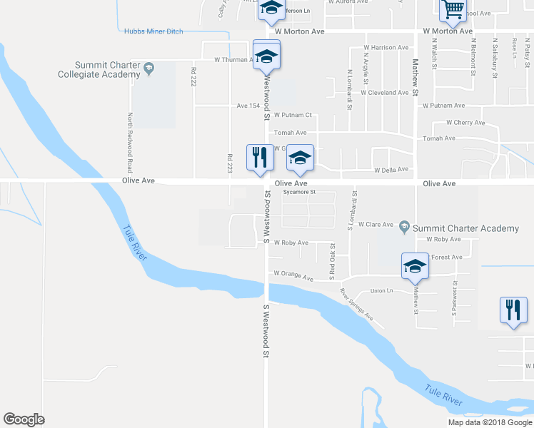 map of restaurants, bars, coffee shops, grocery stores, and more near 173 South Westwood Street in Porterville