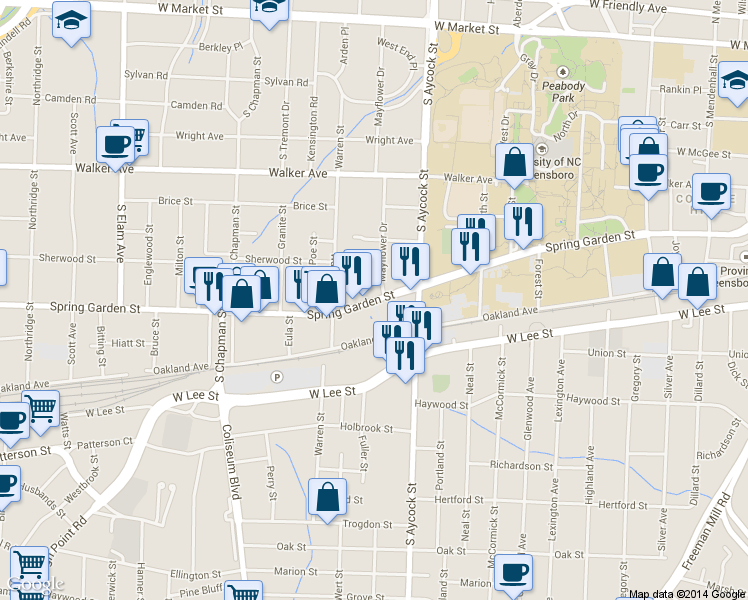 map of restaurants, bars, coffee shops, grocery stores, and more near 1642 Spring Garden St in Greensboro