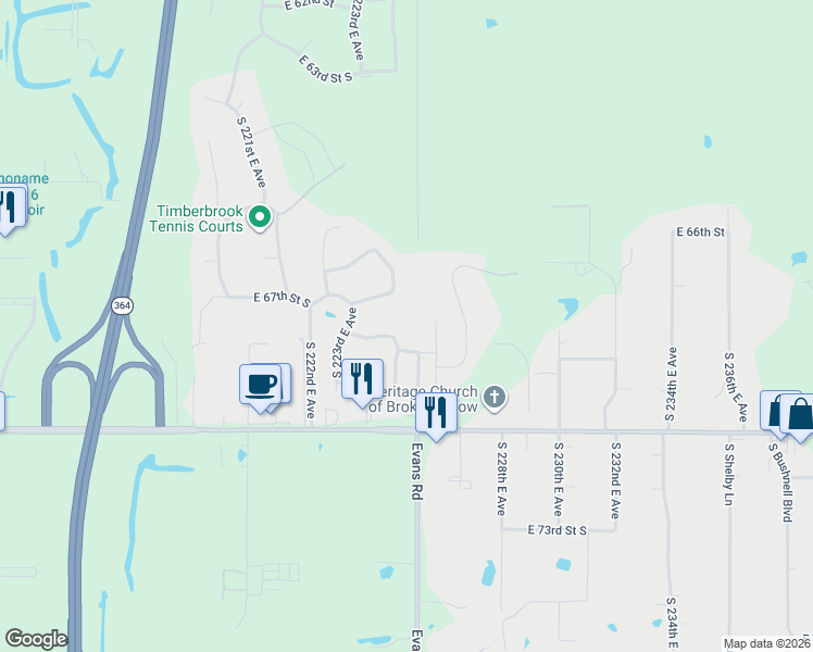 map of restaurants, bars, coffee shops, grocery stores, and more near 22333 East 68th Street in Broken Arrow
