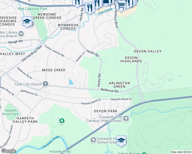 map of restaurants, bars, coffee shops, grocery stores, and more near 165 Hicks Road in Nashville