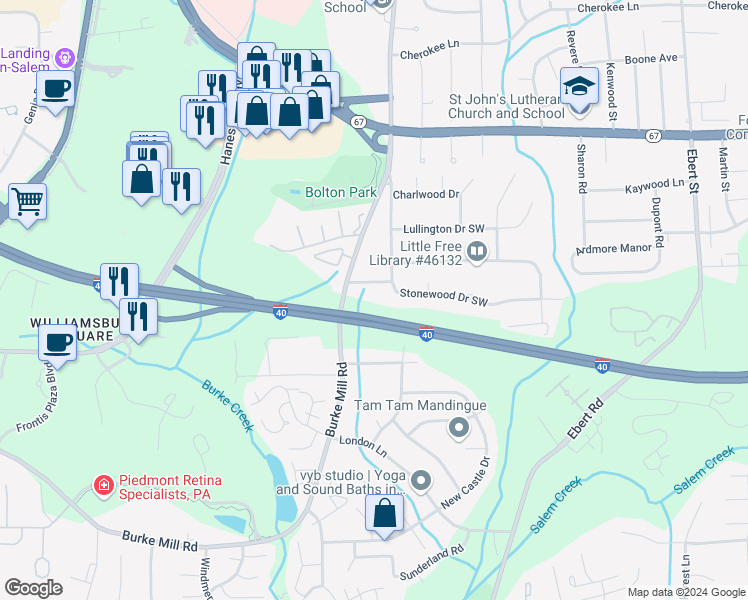 map of restaurants, bars, coffee shops, grocery stores, and more near 2015 Stonewood Drive Southwest in Winston-Salem