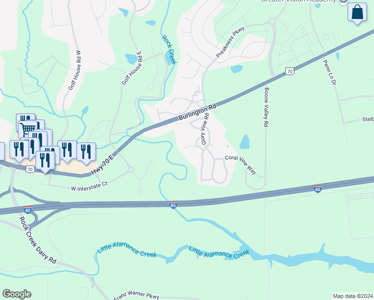 map of restaurants, bars, coffee shops, grocery stores, and more near 6316 Hibiscus Court in Whitsett