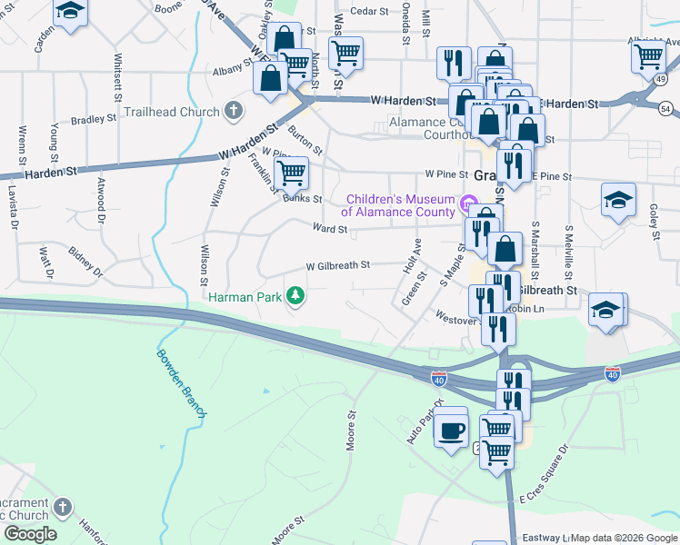 map of restaurants, bars, coffee shops, grocery stores, and more near 412 W Gilbreath St in Graham