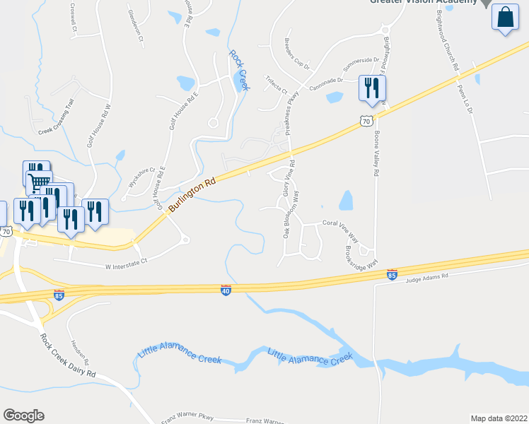 map of restaurants, bars, coffee shops, grocery stores, and more near 6316 Hibiscus Court in Whitsett