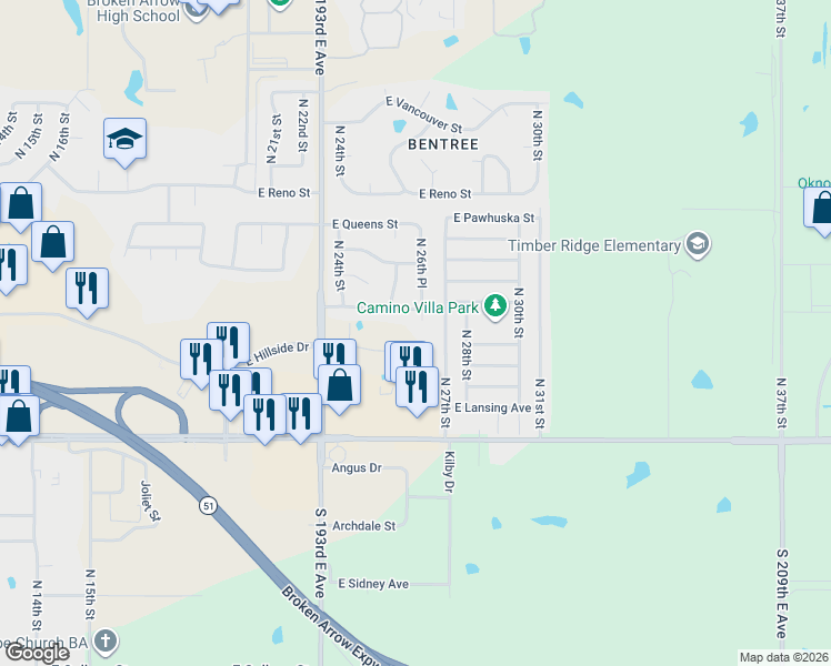 map of restaurants, bars, coffee shops, grocery stores, and more near 2625 East Oakland Street in Broken Arrow