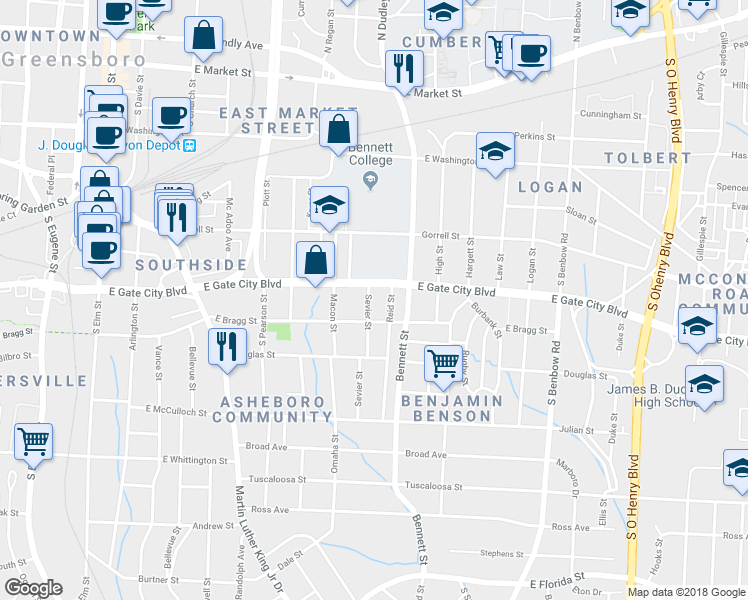 map of restaurants, bars, coffee shops, grocery stores, and more near 709 Sevier Street in Greensboro