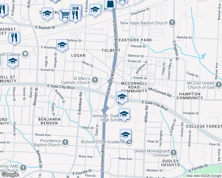 map of restaurants, bars, coffee shops, grocery stores, and more near 901 South O Henry Boulevard in Greensboro