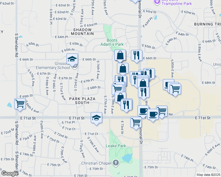 map of restaurants, bars, coffee shops, grocery stores, and more near 6762 South 78th East Avenue in Tulsa