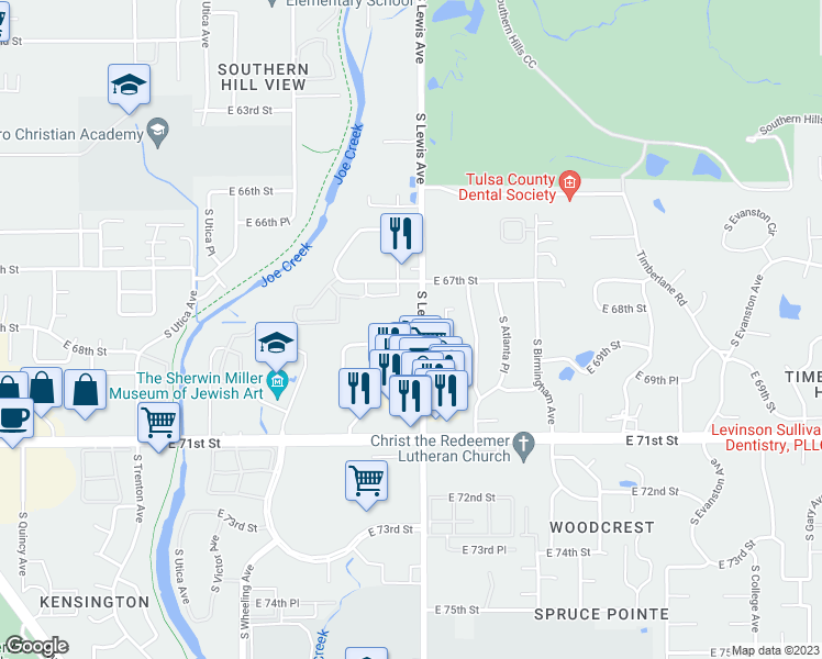 map of restaurants, bars, coffee shops, grocery stores, and more near 6744 South Lewis Avenue in Tulsa