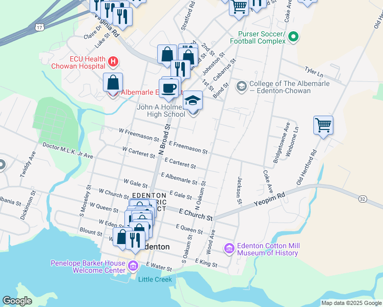 map of restaurants, bars, coffee shops, grocery stores, and more near 120 E Freemason St in Edenton