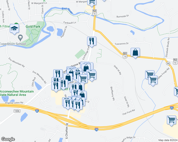 map of restaurants, bars, coffee shops, grocery stores, and more near 267 South Churton Street in Hillsborough