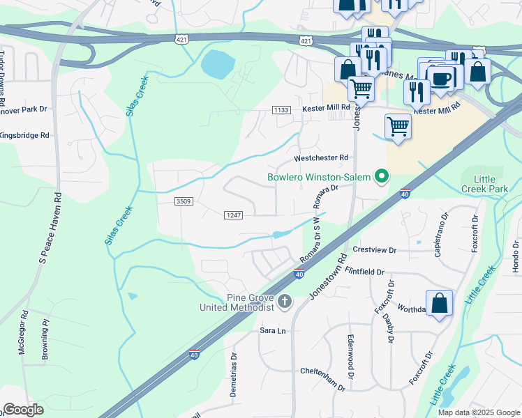 map of restaurants, bars, coffee shops, grocery stores, and more near 4909 Stonington Road Southwest in Winston-Salem