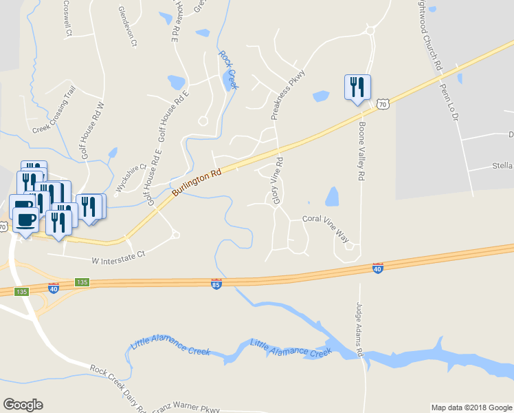 map of restaurants, bars, coffee shops, grocery stores, and more near 6322 Hibiscus Court in Whitsett