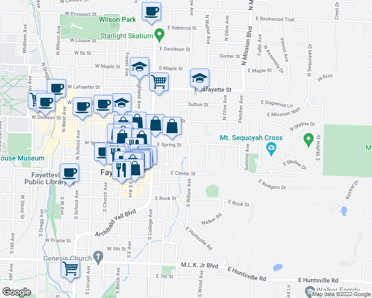 map of restaurants, bars, coffee shops, grocery stores, and more near 207 E Spring St in Fayetteville