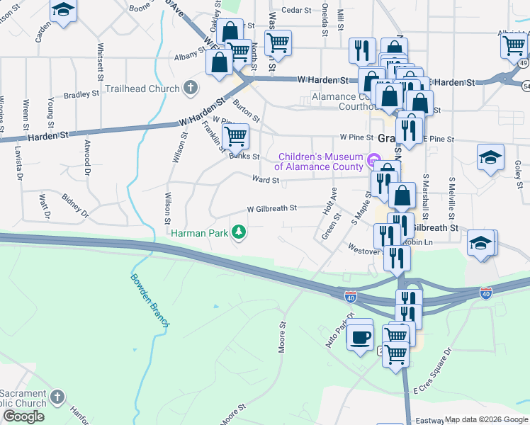 map of restaurants, bars, coffee shops, grocery stores, and more near 412 West Gilbreath Street in Graham